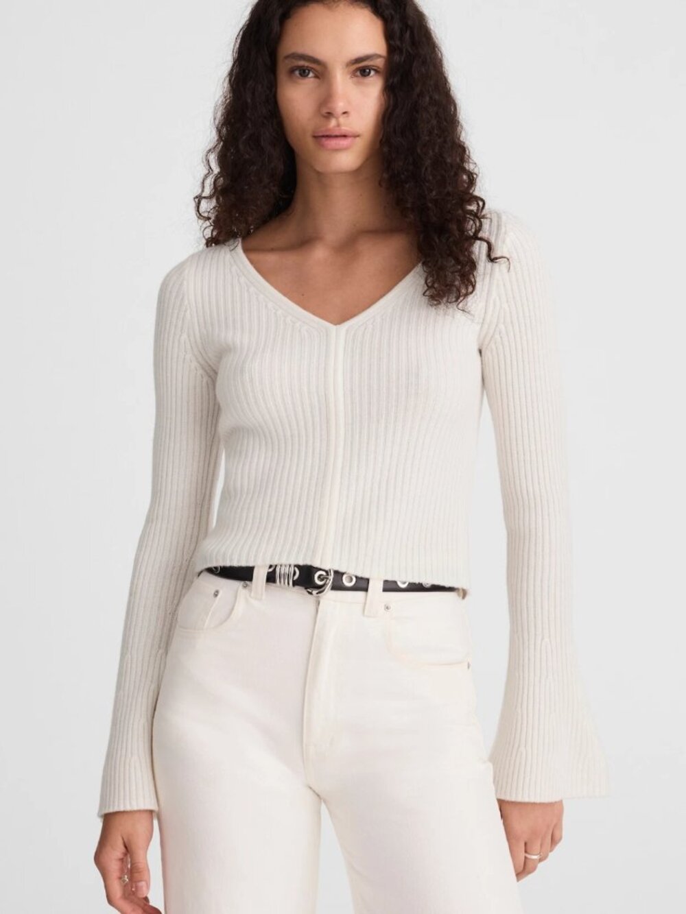 Madewell Cream Merino Wool Ribbed Flare Sleeve Long Sleeve Sweater XS NWOT